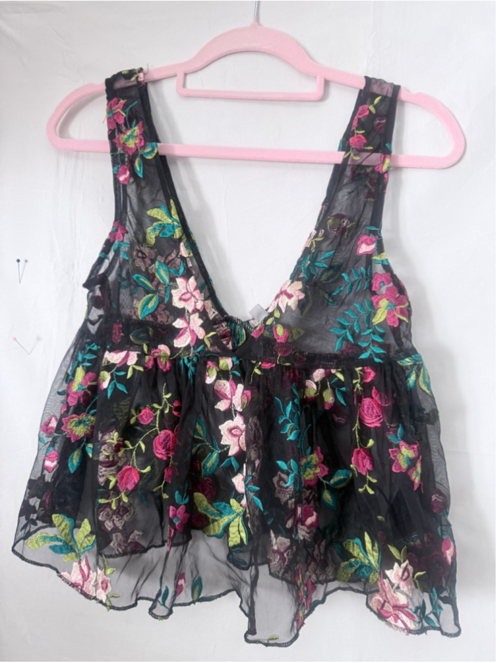 Women's Ecote’ Floral Embroidered Mesh Cami Top Black Pink Size S